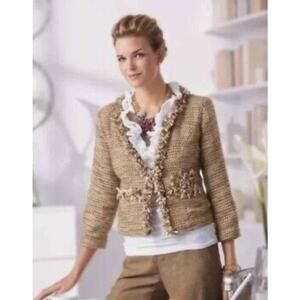 Cabi Tan Metallic Phoebe Tweed Boucle Jacket Pockets Lined M Academia preppy